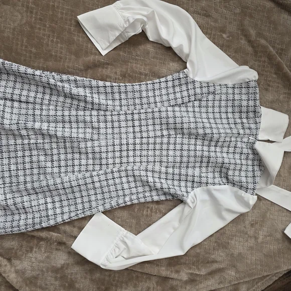 Plaid Tweed Dress Bow Front Long Sleeve, Mini Houndstooth, Preppy, Clueless Med - Picture 6 of 10